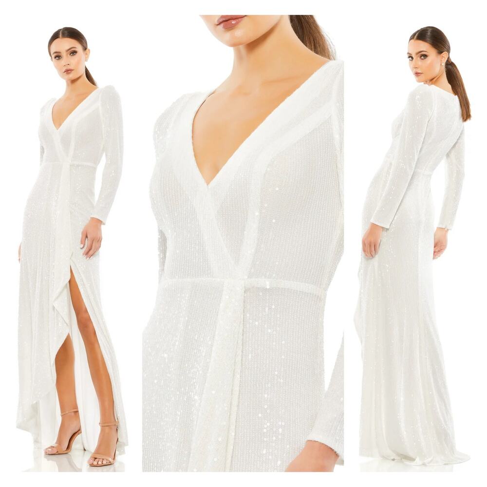 Mac Duggal NWT Sequin Wrap Evening Gown White Long Sleeve Size 8 Side Slit